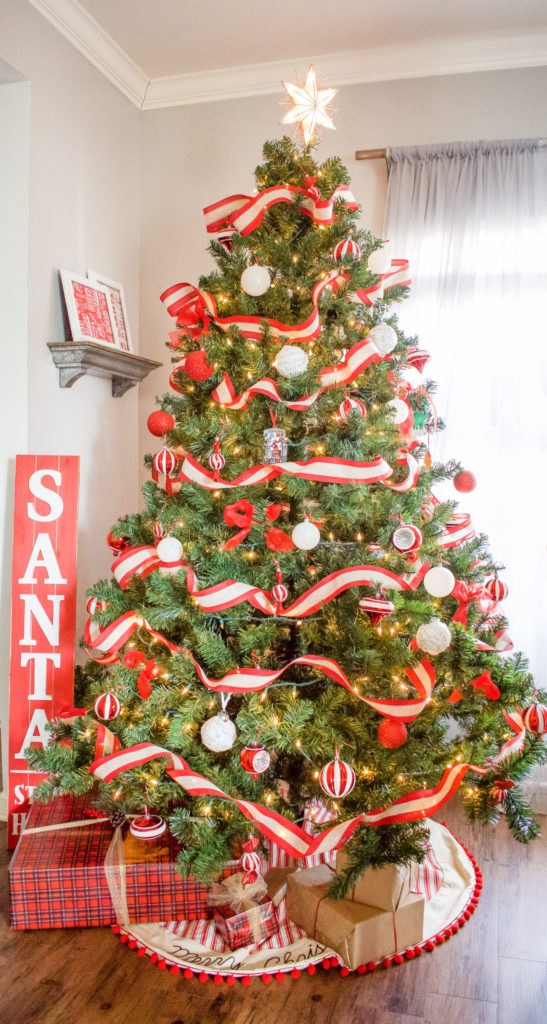 Traditional Living Room Christmas Tree with Ribbon and Presents — Dollar Tree Christmas Decor