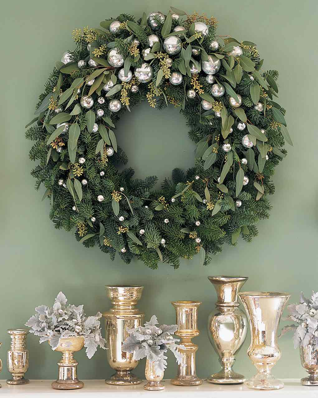 Lush Evergreen and Eucalyptus Wreath with Silver Baubles Lush Evergreen and Eucalyptus Wreath with Silver Baubles — Christmas Wreath
