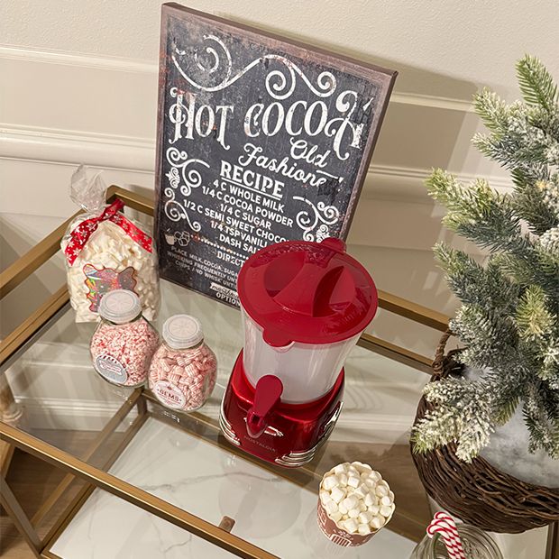 Vintage Hot Cocoa Recipe Sign on a Glass-Topped Cart Vintage Hot Cocoa Recipe Sign on a Glass-Topped Cart — Christmas Hot Cocoa Bar