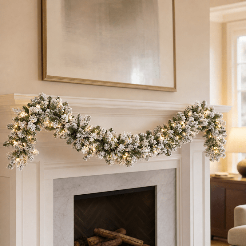 Frosted Artificial Pine Garland with Warm Yellow Lights on Mantel Frosted Artificial Pine Garland with Warm Yellow Lights on Mantel — Christmas Lights in Garland Indoor