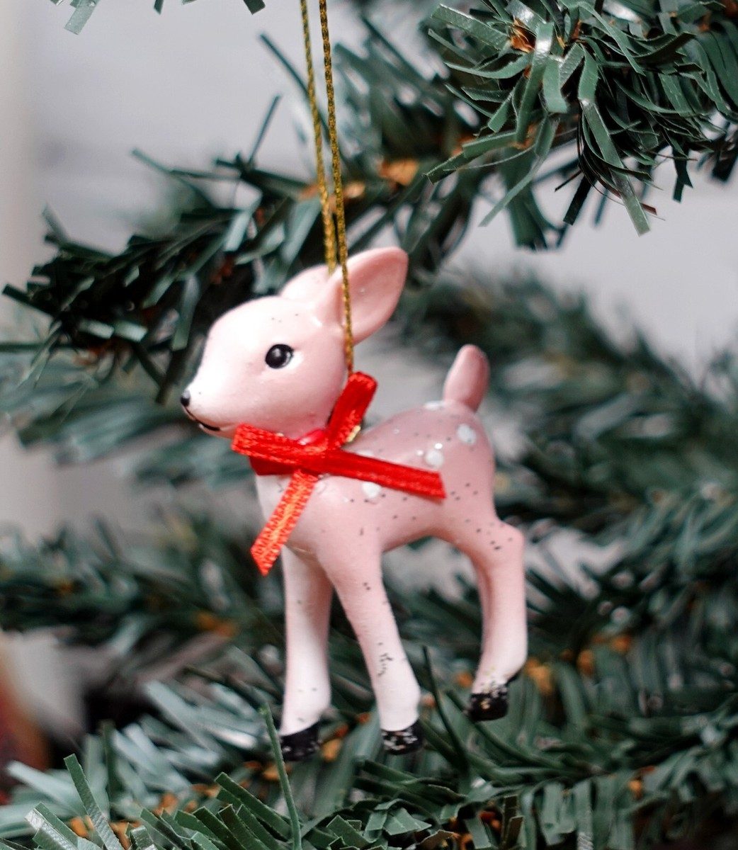 Whimsical Pink Ceramic Deer Ornament on Christmas Tree — Vintage Christmas Tree