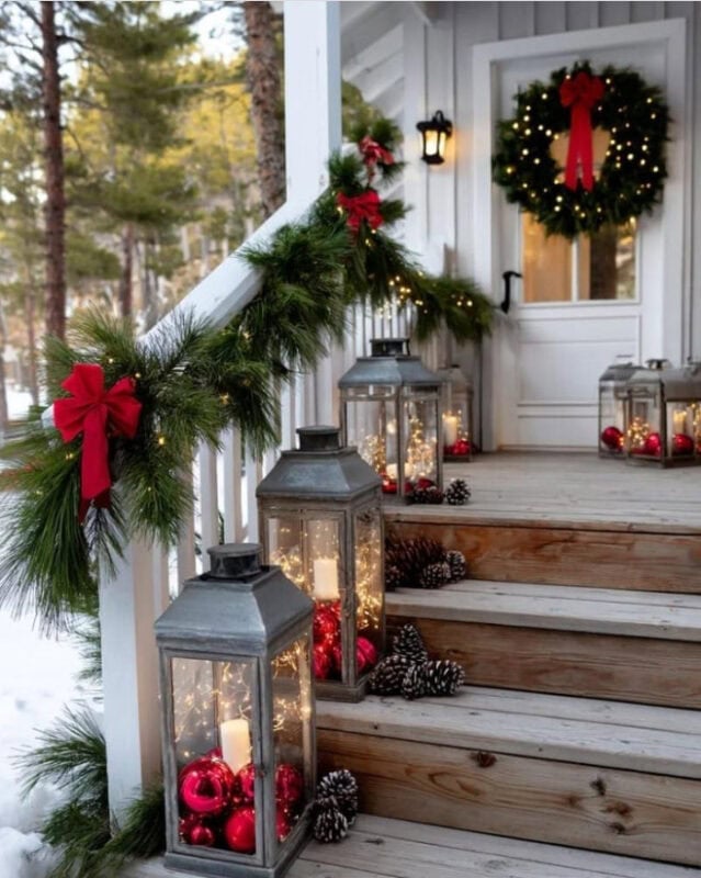 Rustic Wooden Steps Adorned with Ornament-Filled Lanterns — Christmas Porch Lanterns
