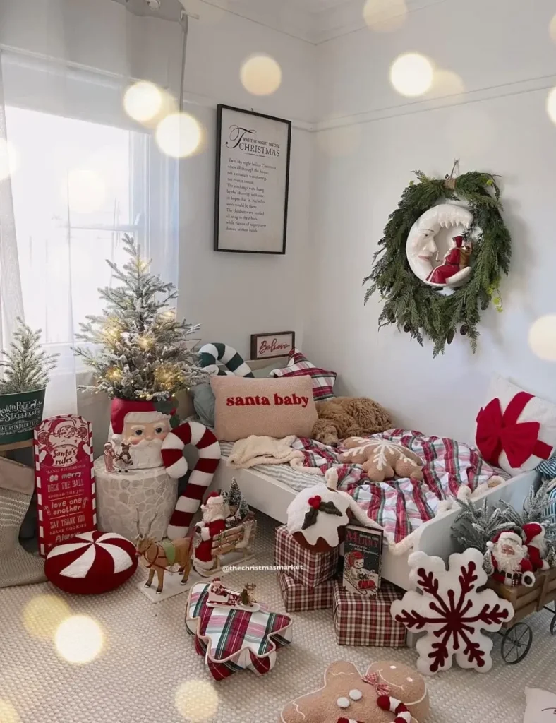 Plaid Bedding with Abundant Christmas Wreath and Santa Figures — Kids Bedroom Christmas Decor