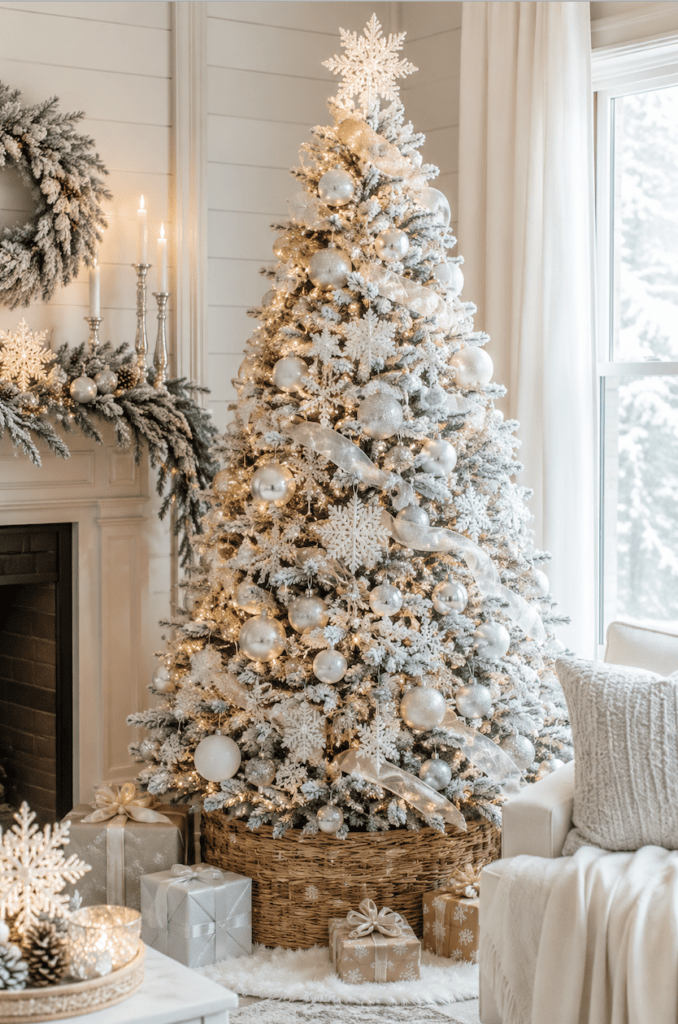 Winter Wonderland Flocked Tree with Snowflakes and Fireplace Garland — Flocked Christmas Tree Decor