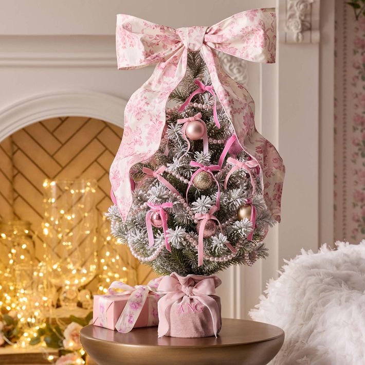 Flocked Miniature Tree with Pink Floral Bow and Pearl Strings — Small Christmas Tree Decor
