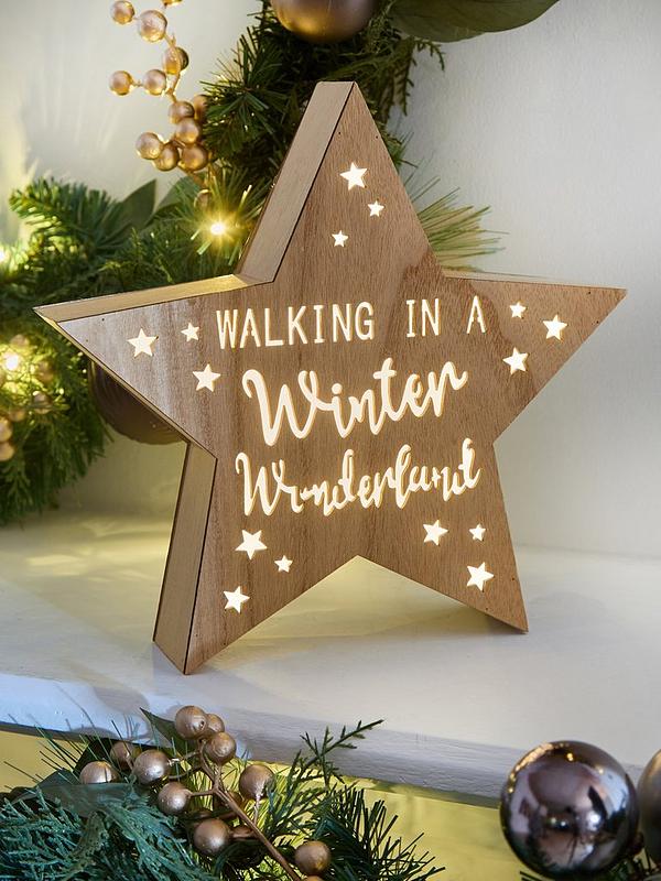 Rustic Shelf Display with Light-Up Wooden Star Sign — Winter Wonderland Christmas Decor
