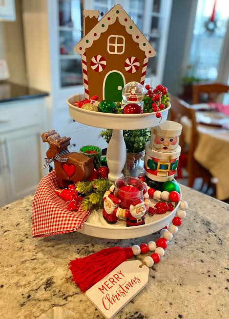 Whimsical Gingerbread House Tiered Tray Centerpiece — Christmas Tiered Tray