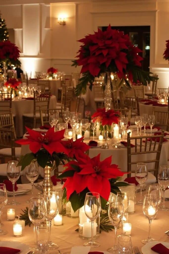 Classic Reception Tables with Red Poinsettia Centerpieces Classic Reception Tables with Red Poinsettia Centerpieces — Christmas Wedding Decor
