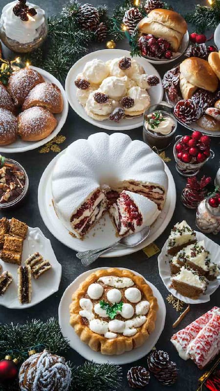Overhead View of a Richly Laden Traditional Christmas Dessert Table Overhead View of a Richly Laden Traditional Christmas Dessert Table