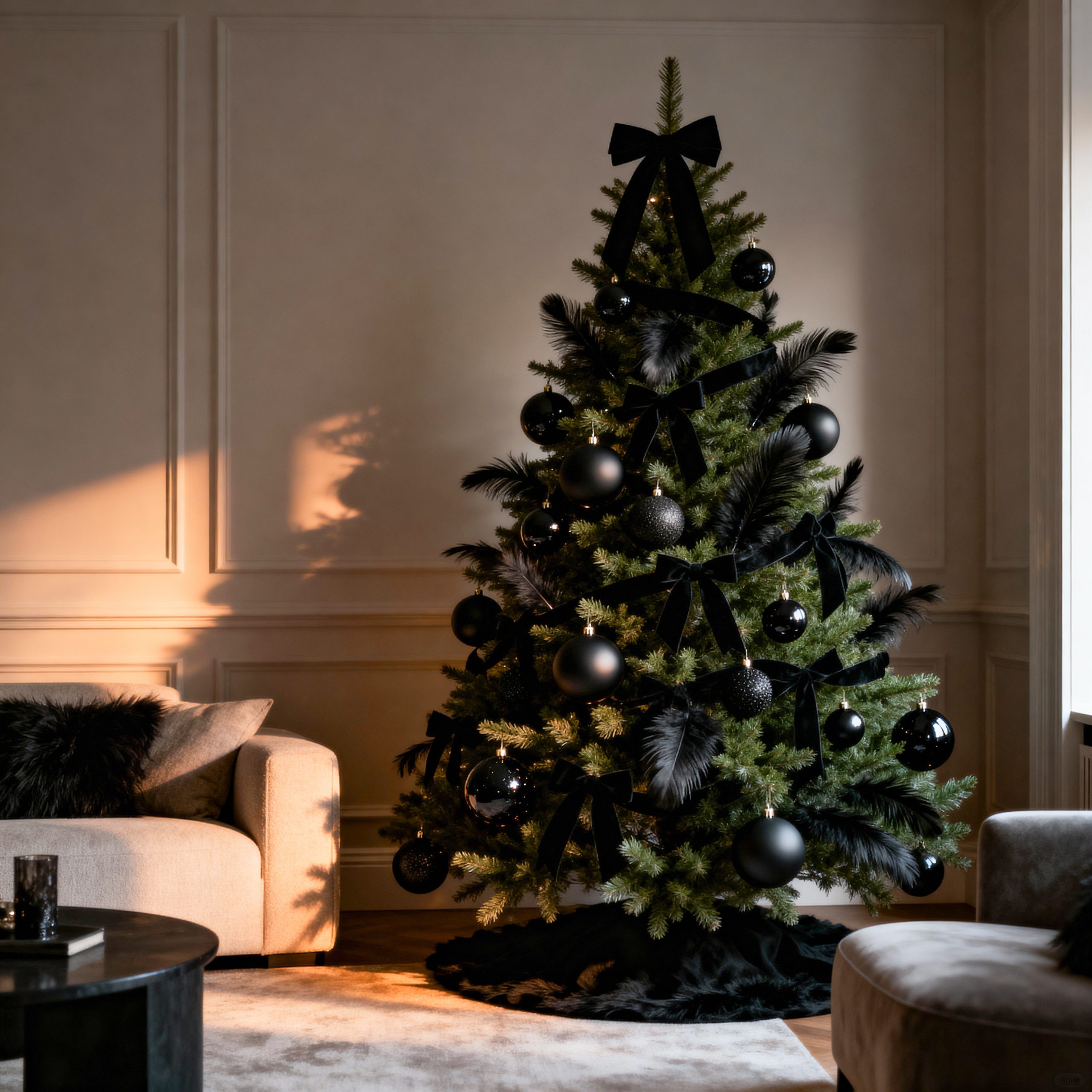 Minimalist Black Christmas Tree with Black Velvet Ribbon Minimalist Black Christmas Tree with Black Velvet Ribbon — Black and Gold Christmas Tree
