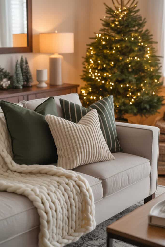 Modern Cozy Sofa Styled for Christmas — Cozy Christmas Decor
