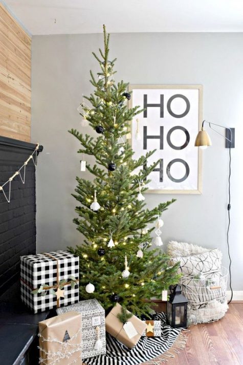 Fireplace Tree with Graphic 'HO HO HO' Artwork — Minimalist Christmas Tree