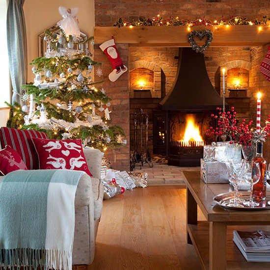 Warm Ambient Light from Fireplace and String Lights Enhances Living Room — Christmas Lights Indoor