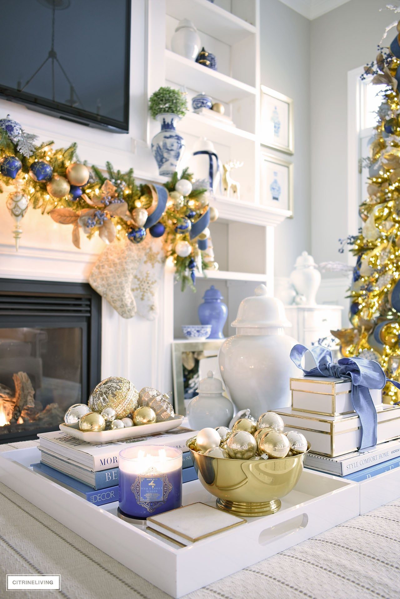 Elegant Living Room with Blue and Gold Christmas Tree and Coordinated Mantel — Christmas Living Room Decor