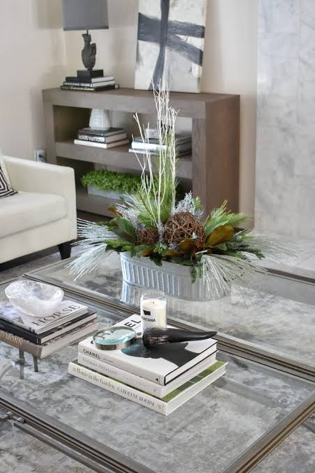 Transitional Coffee Table Centerpiece with Greenery and Pinecones — Winter Decor After Christmas