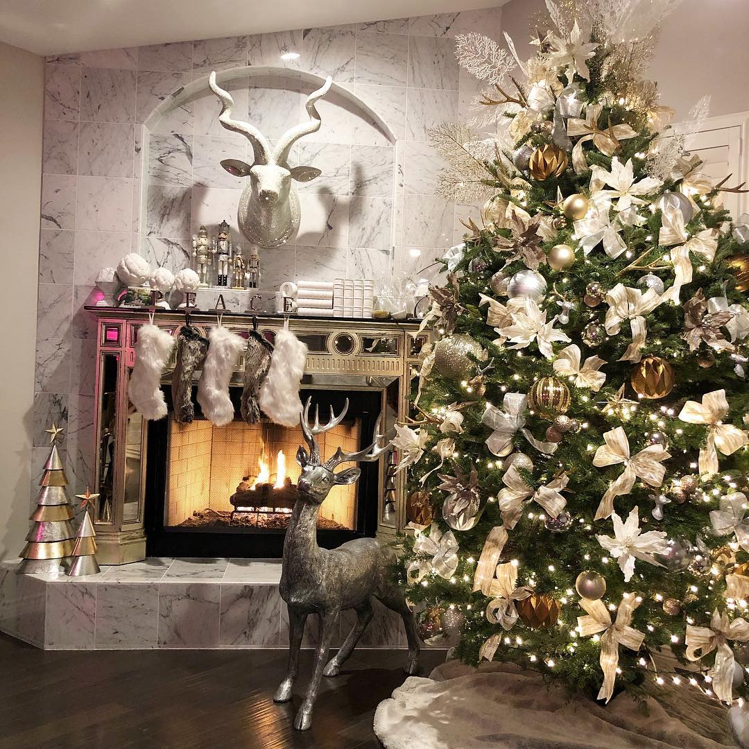 Glamorous Gold and Silver Christmas Tree by a Marble Fireplace — Christmas Tree Decorating
