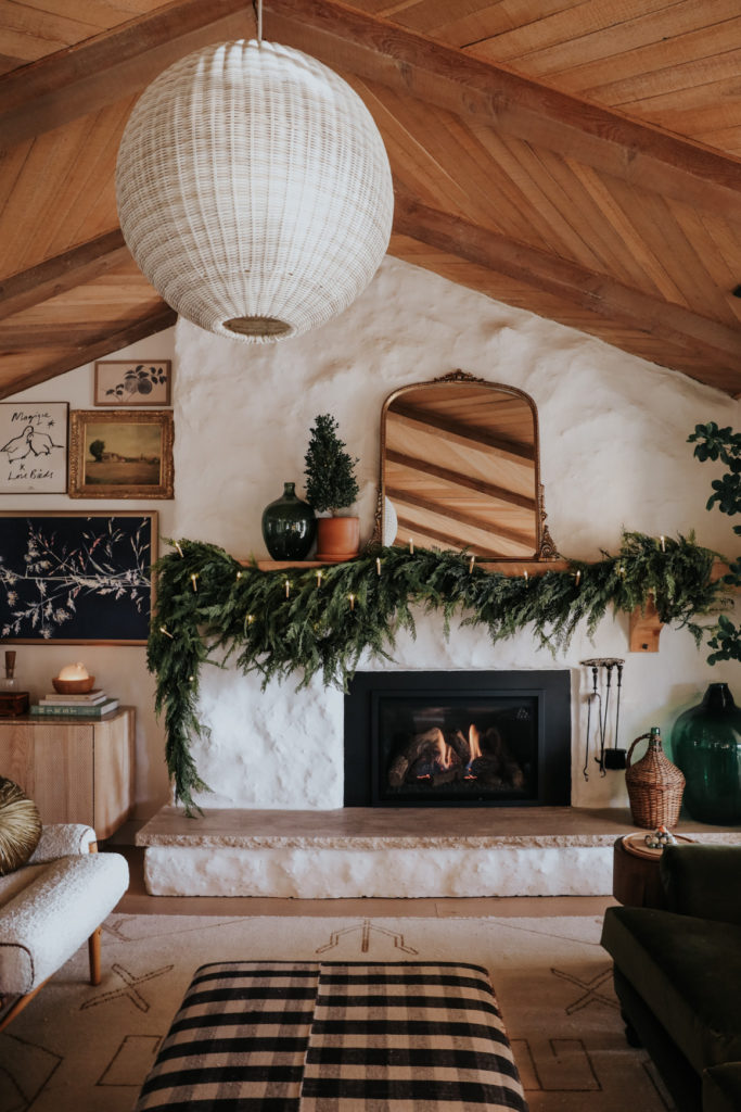 Natural Cedar Garland on a Boho Fireplace Mantel Natural Cedar Garland on a Boho Fireplace Mantel — Christmas Garland