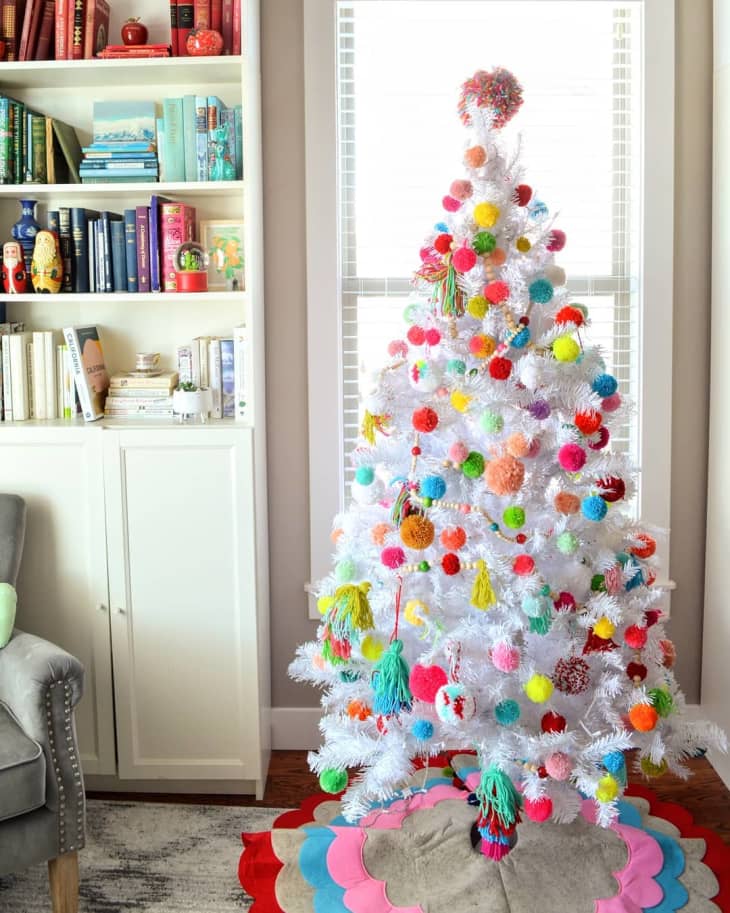White Christmas Tree with Colorful Pom-Pom and Tassel Ornaments — Boho Christmas Decor