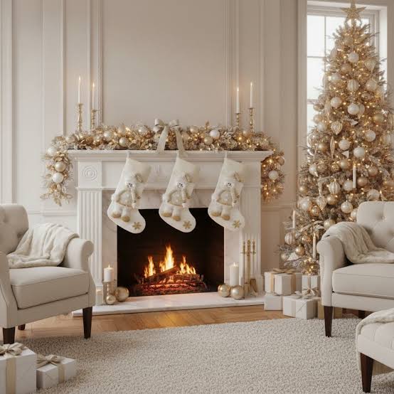 Luxe Cream Stockings with Gold Embroidery — Christmas Stockings Display