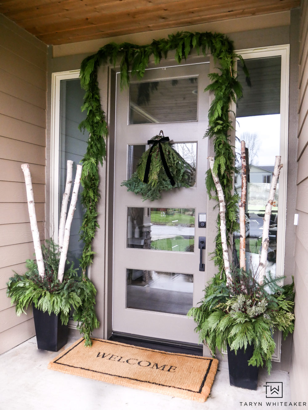 Modern Black Planters with Tall Birch Branches Modern Black Planters with Tall Birch Branches — Christmas Porch Planters