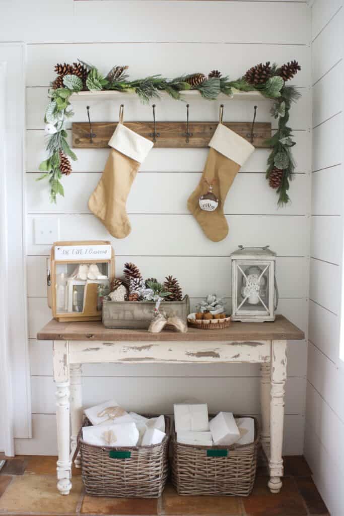 Farmhouse Entryway Table with Hanging Stockings Farmhouse Entryway Table with Hanging Stockings — Christmas Entryway Decor