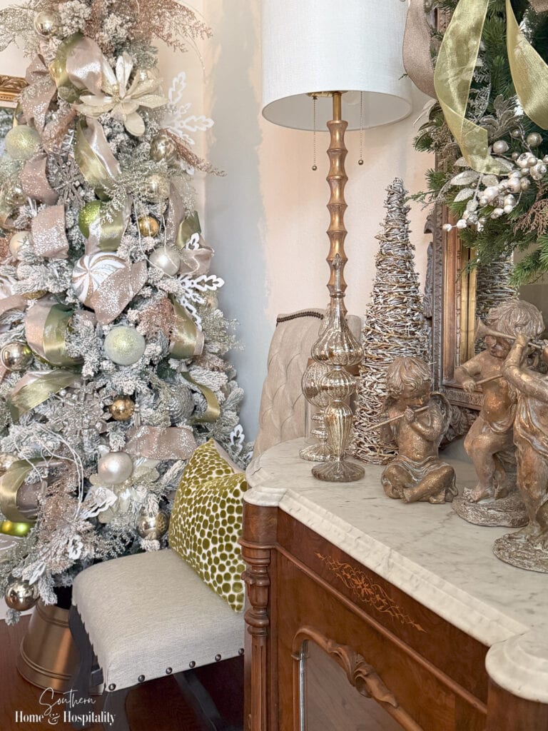 Glam Flocked Christmas Tree with Ornate Details Glam Flocked Christmas Tree with Ornate Details — Glam Christmas Tree