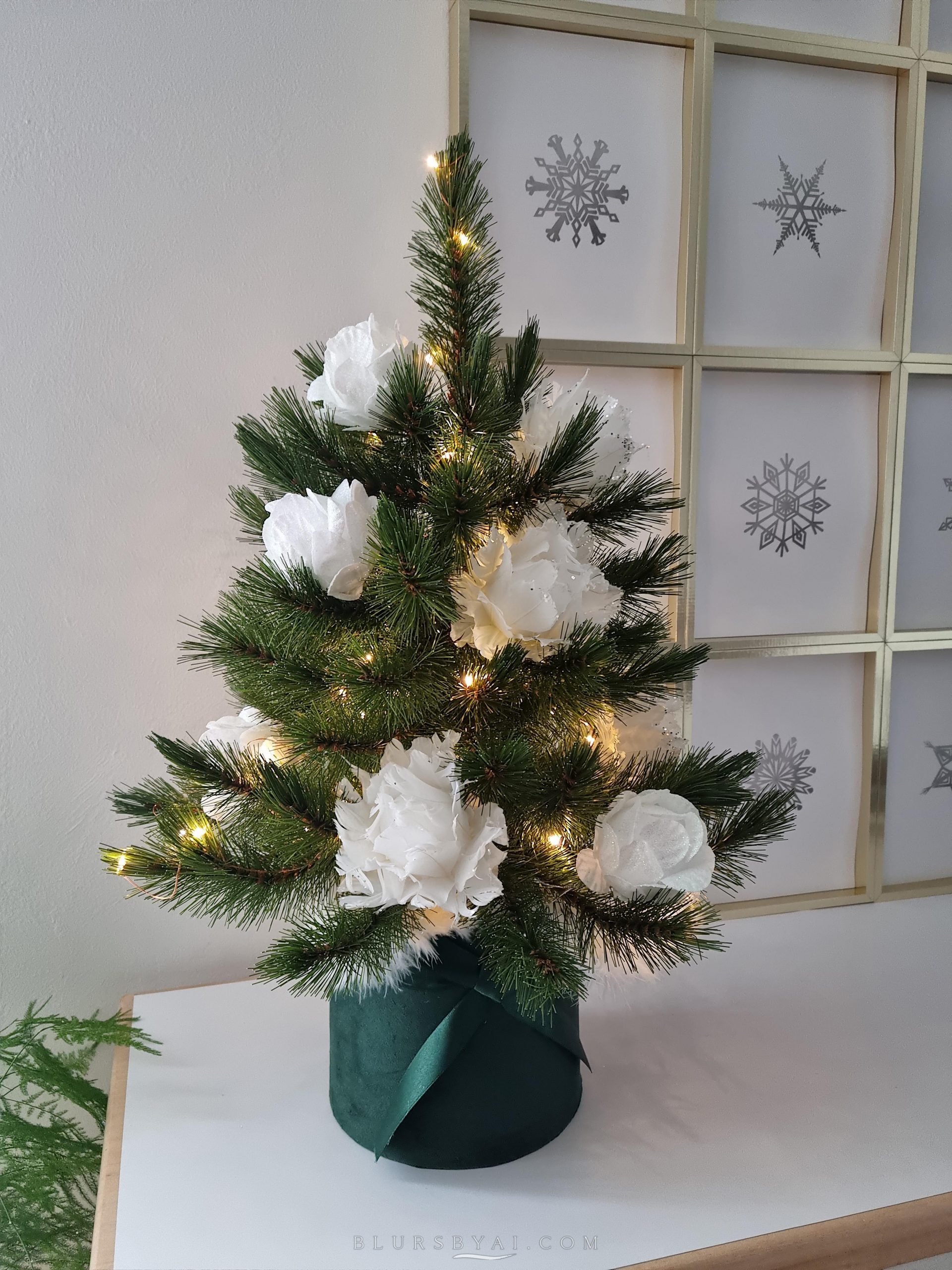 Elegant Modern Tree in a Velvet Pot with White Florals Elegant Modern Tree in a Velvet Pot with White Florals — Tabletop Christmas Tree Decor