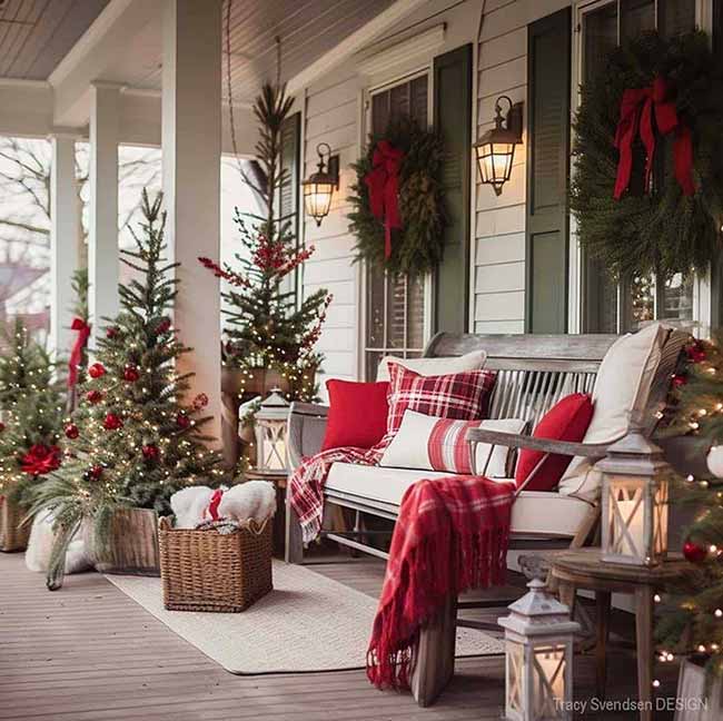 Cozy Front Porch with Plaid and Mini Trees Cozy Front Porch with Plaid and Mini Trees — Traditional Christmas Decor
