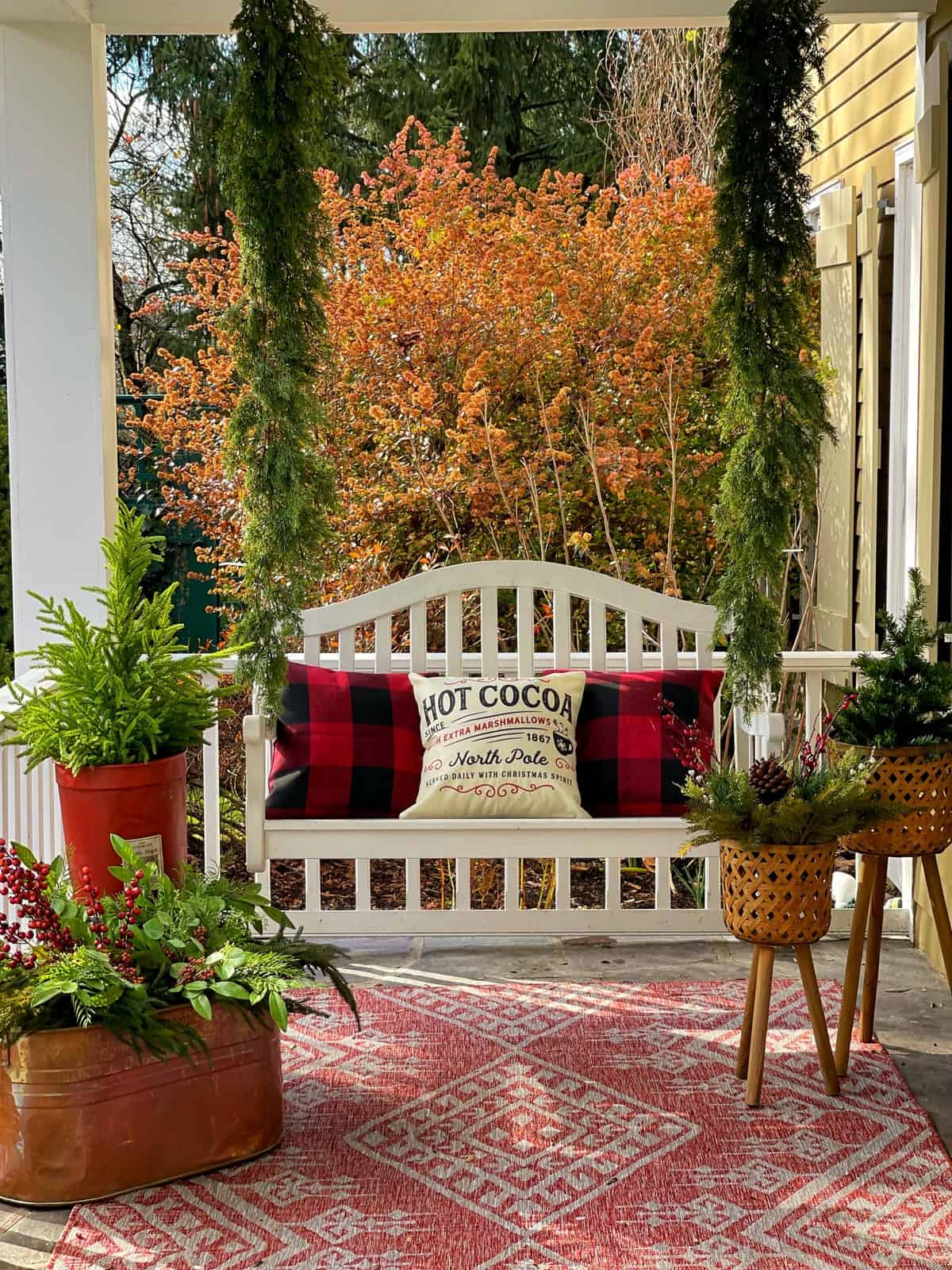 Farmhouse Porch with Multiple Evergreen Planters Farmhouse Porch with Multiple Evergreen Planters — Christmas Porch Planters