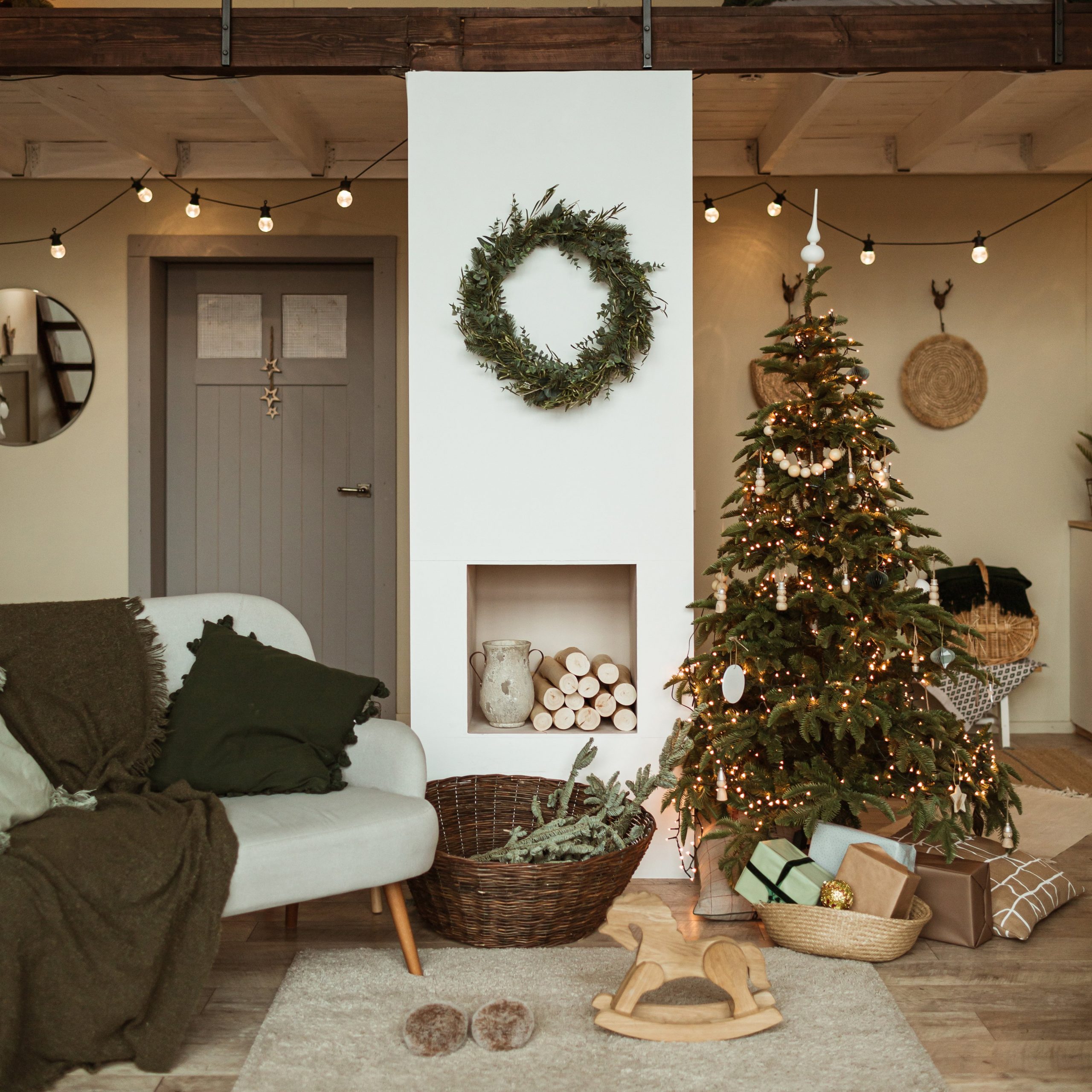 Rustic Boho Christmas Tree with Natural Ornaments and Rocking Horse — Boho Christmas Decor