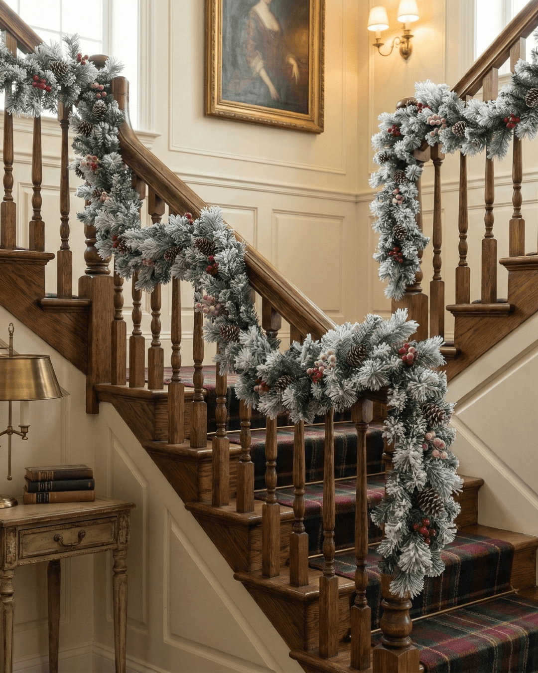 Snow-Dusted Flocked Garland on a Staircase Banister Snow-Dusted Flocked Garland on a Staircase Banister — Christmas Garland