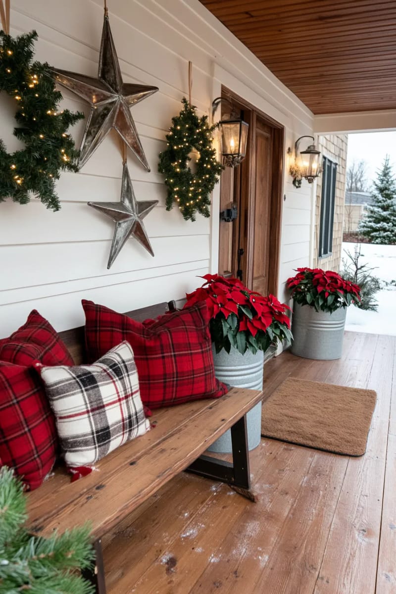 Rustic Farmhouse Bench with Plaid Pillows and Poinsettias Rustic Farmhouse Bench with Plaid Pillows and Poinsettias — Farmhouse Christmas Decor