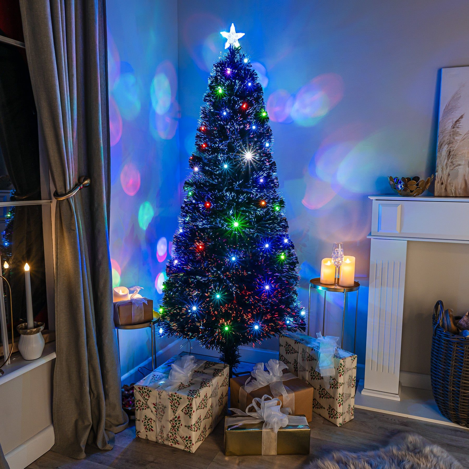 Modern Living Room with a Black Fibre Optic Christmas Tree Modern Living Room with a Black Fibre Optic Christmas Tree — Christmas Tree with Colored Lights