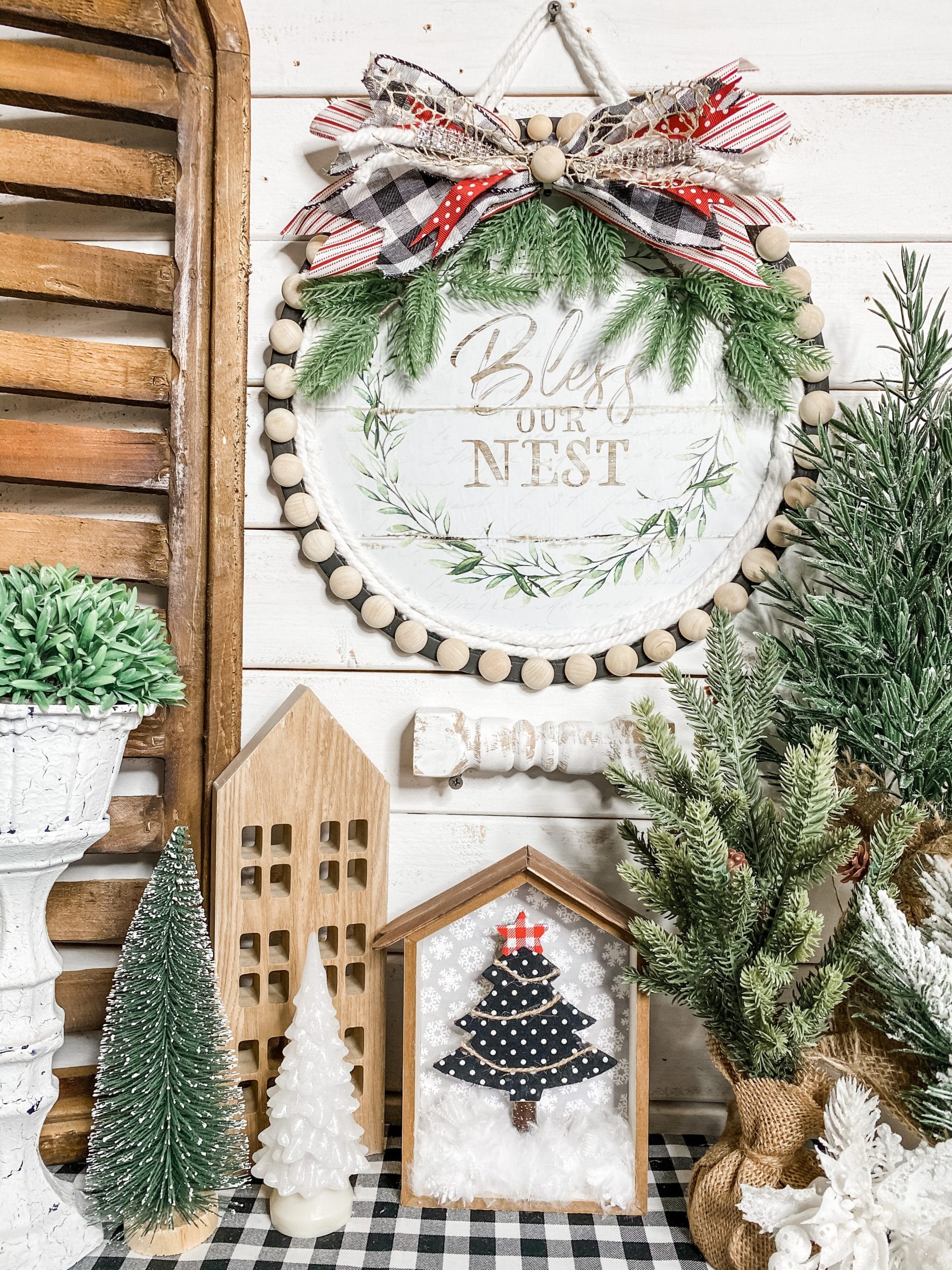 Farmhouse Christmas Village Shelf Display — Dollar Tree Christmas Decor