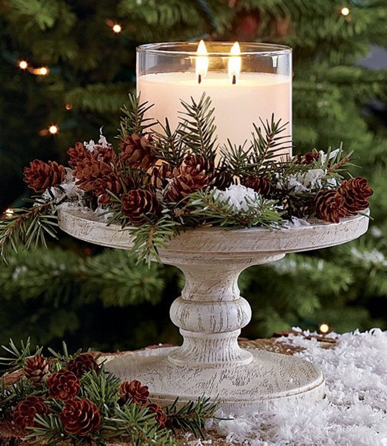 Cozy Rustic Pedestal Centerpiece with Candle and Pinecones Cozy Rustic Pedestal Centerpiece with Candle and Pinecones — Simple Christmas Centerpiece