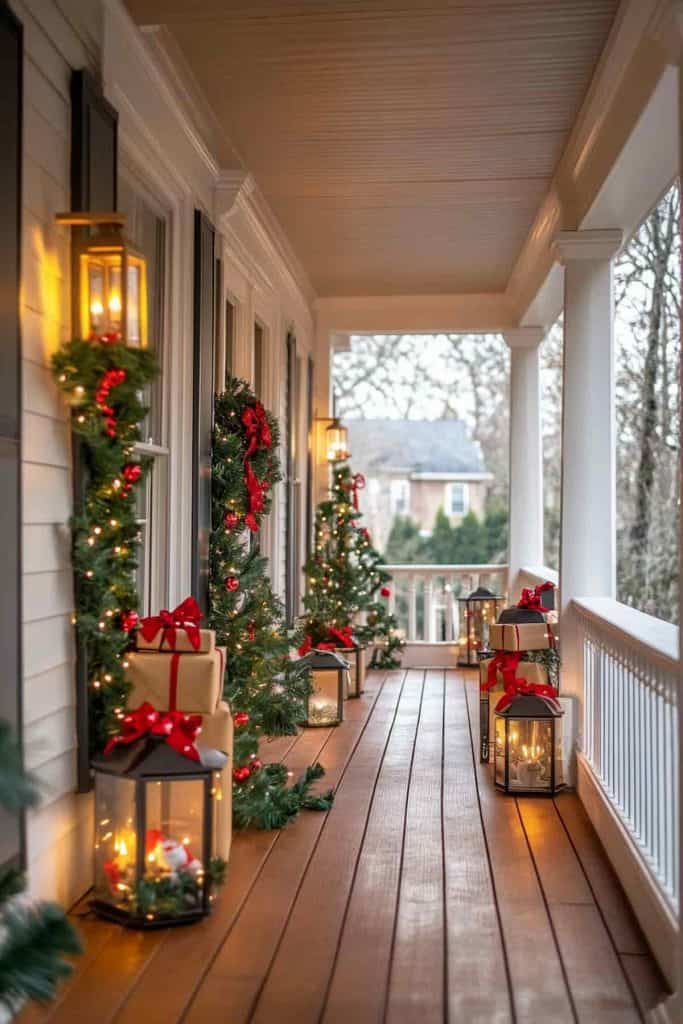 Festive Porch Lined with Miniature Trees and Lanterns — Christmas Porch Decor