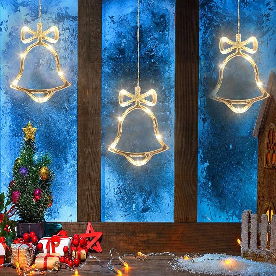Illuminated Bell-Shaped Christmas Lights in a Blue Window Display — Christmas Window Decor Outdoor