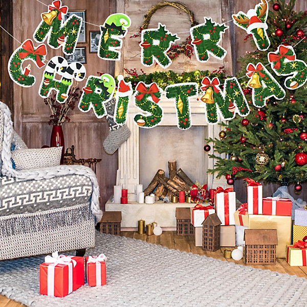 Cozy Living Room with 'Merry Christmas' Banner Above Fireplace Cozy Living Room with 'Merry Christmas' Banner Above Fireplace — Christmas Party Backdrop