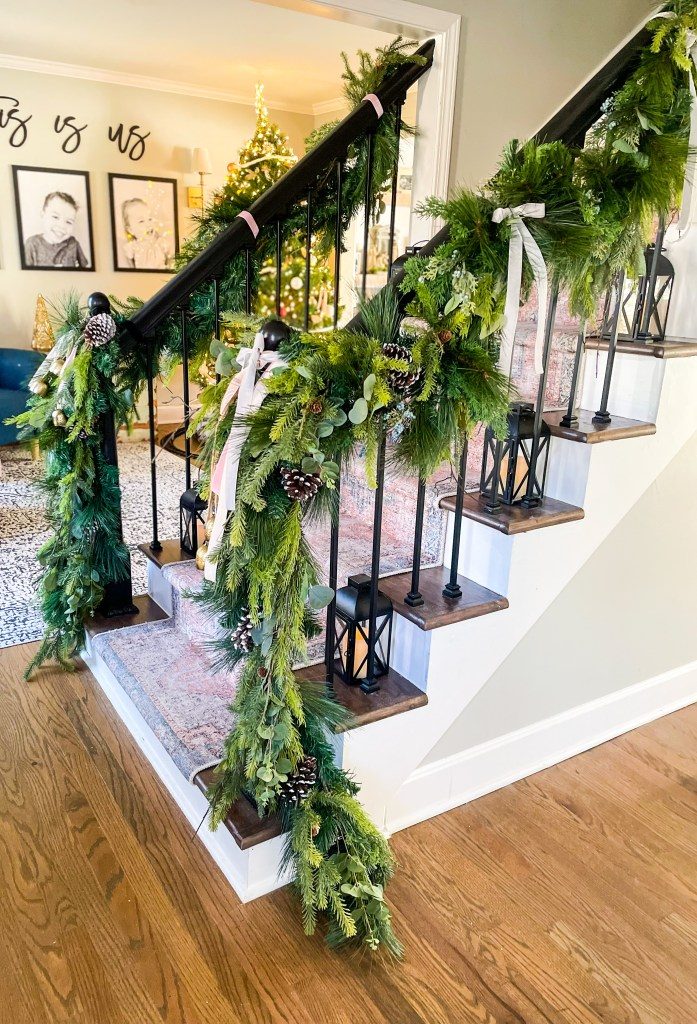 Dense Garland with Eucalyptus and Rustic Lanterns Dense Garland with Eucalyptus and Rustic Lanterns — Christmas Stair Garland