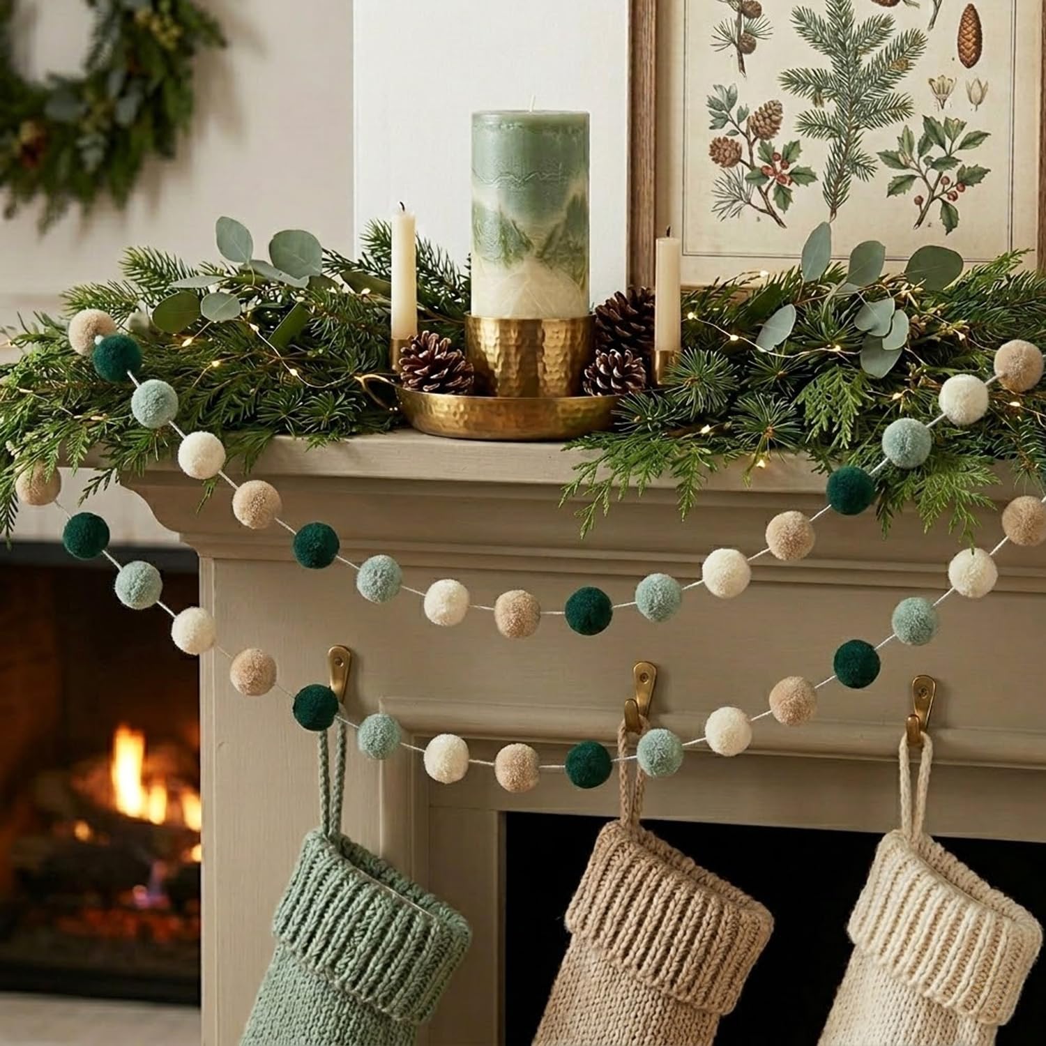 Rustic Mantelpiece with Sage Green Felt Ball Garland — Sage Green Christmas Decor