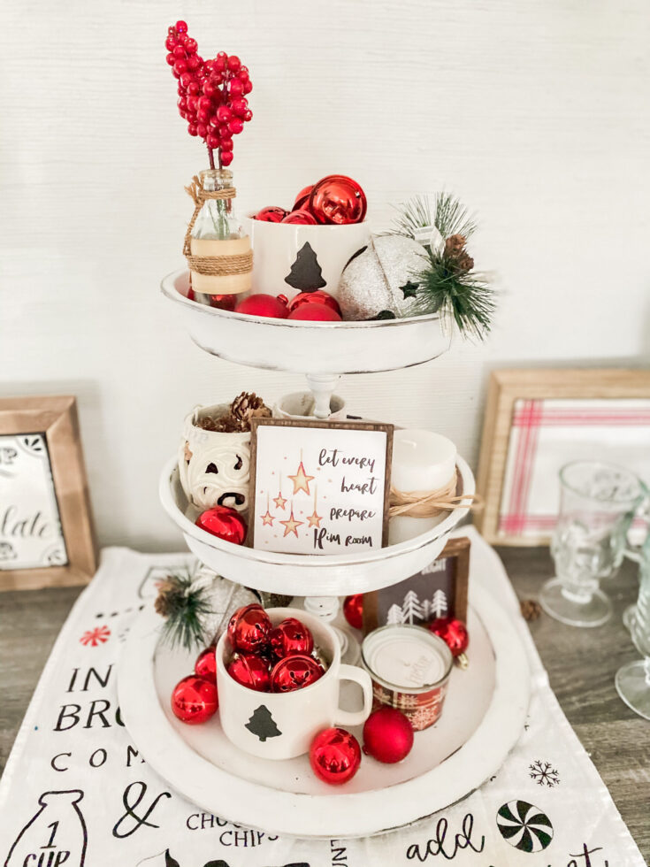 White Tiered Tray Adorned with Red Ornaments and Bells — Christmas Tiered Tray