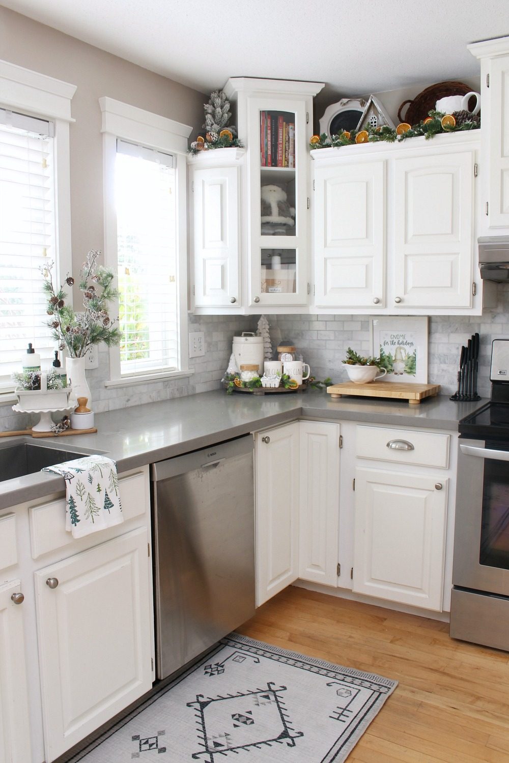 Bright Farmhouse Kitchen with Frosted Greenery — Farmhouse Christmas Kitchen