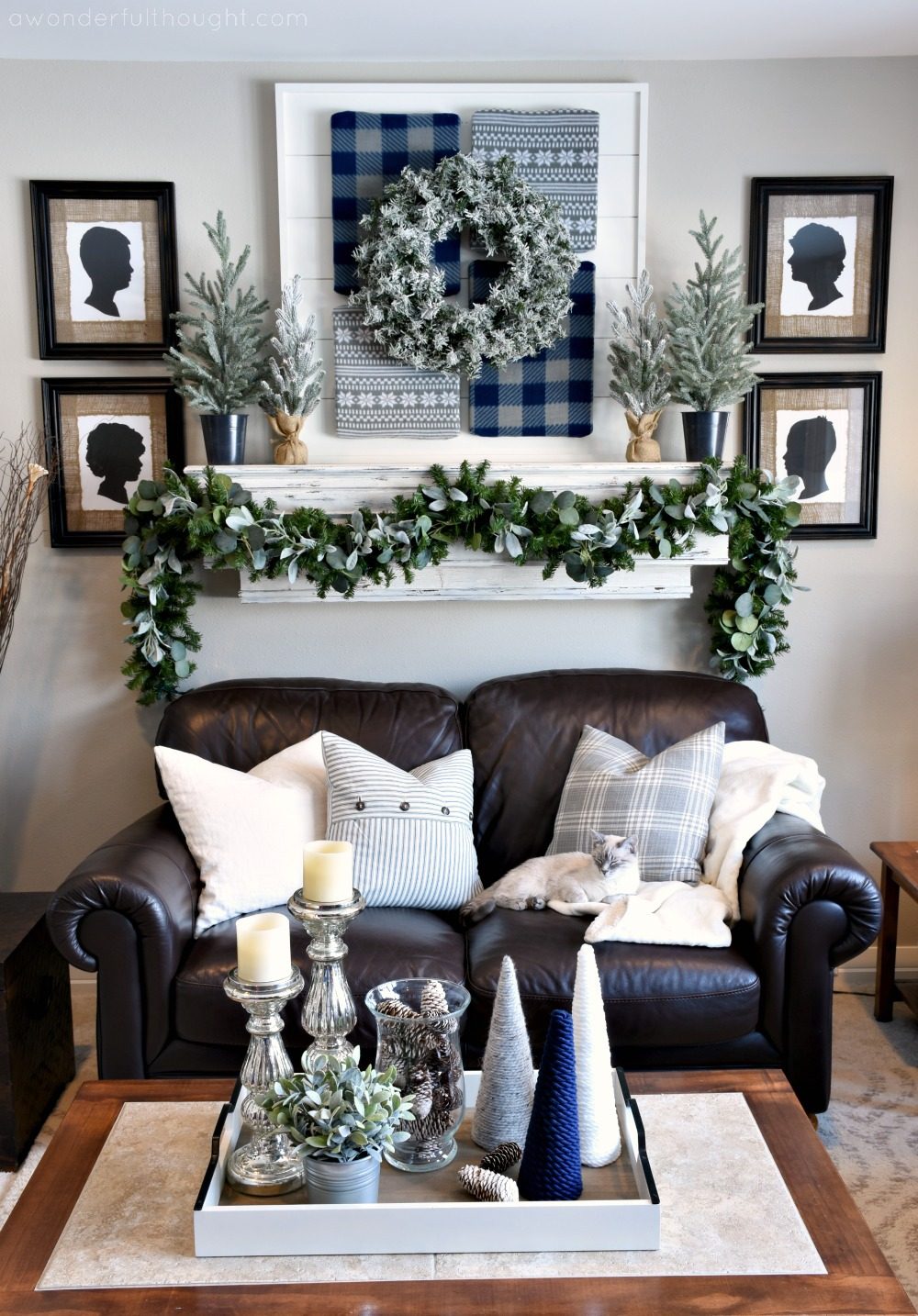 Farmhouse Living Room with Layered Mantel Decor and Leather Sofa — Winter Decor After Christmas