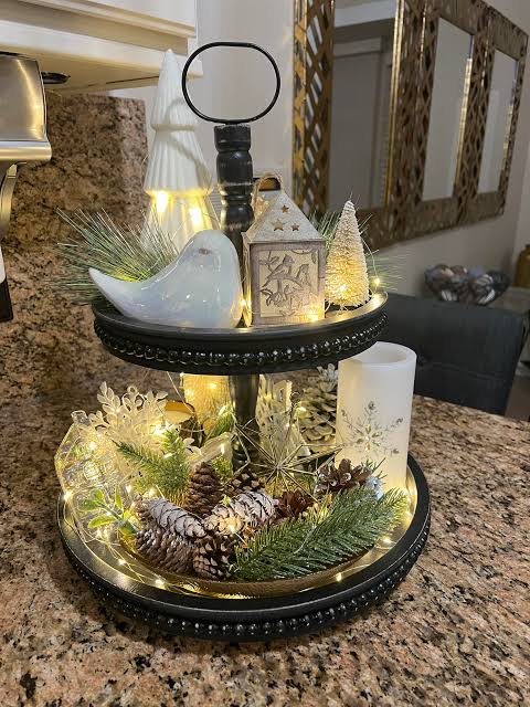 Modern Rustic Black Tiered Tray with Lantern and Lights — Christmas Tiered Tray