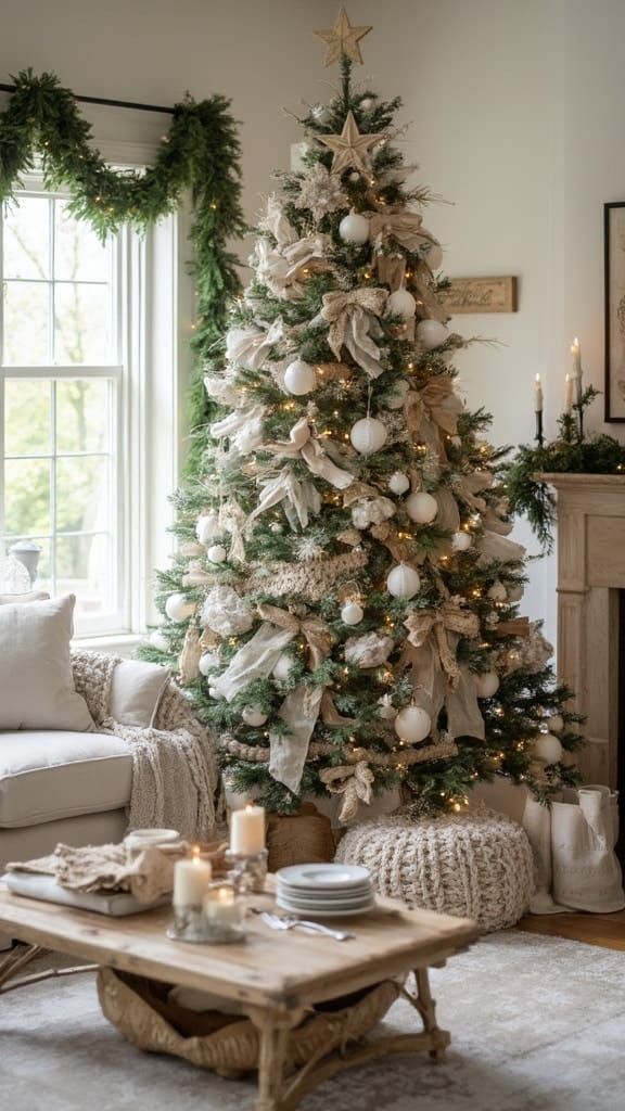 Farmhouse Christmas Tree with Layered Neutral Decorations — Rustic Christmas Tree
