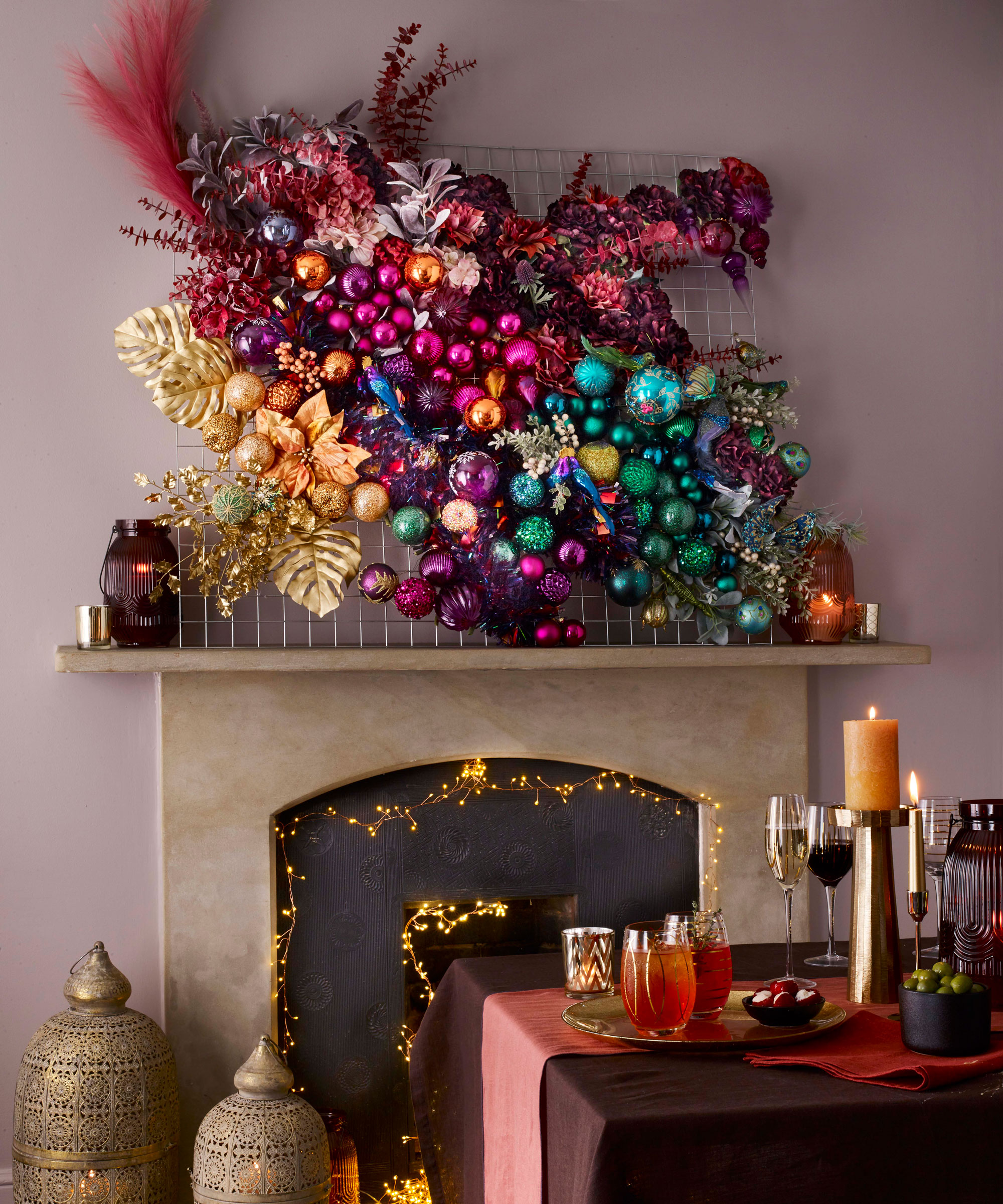 Maximalist Mantel with Colorful Ornaments and Lanterns Maximalist Mantel with Colorful Ornaments and Lanterns — Christmas Fireplace Decor