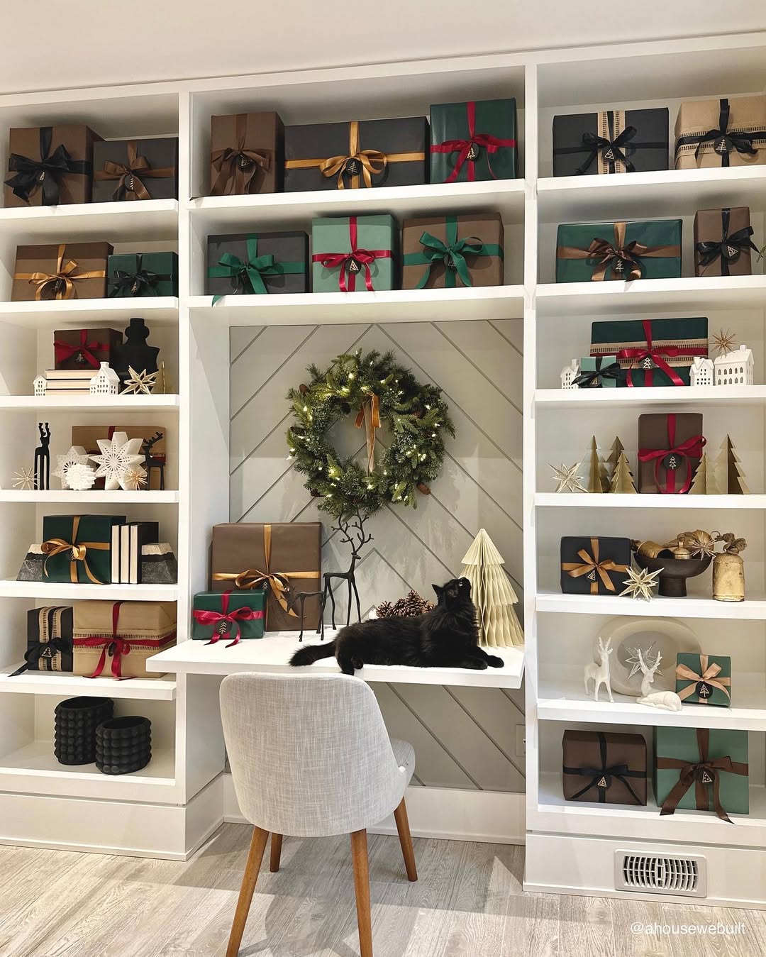 Full Wall Shelving Unit with Wrapped Gifts Full Wall Shelving Unit with Wrapped Gifts — Christmas Home Office Decor