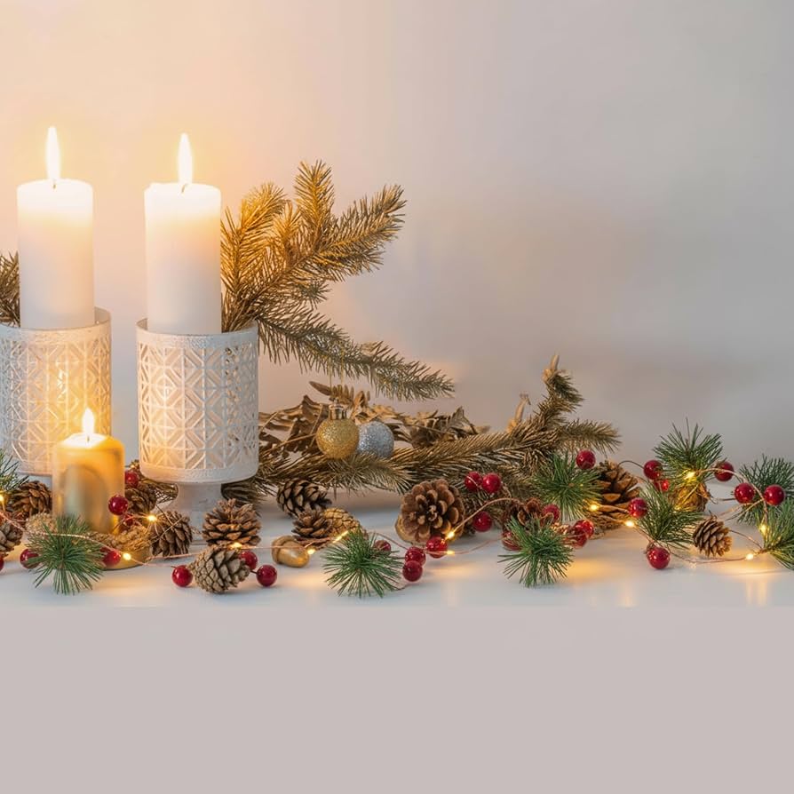 Rustic Garland with Lights and Candles on a Surface Rustic Garland with Lights and Candles on a Surface — Christmas Lights in Garland Indoor