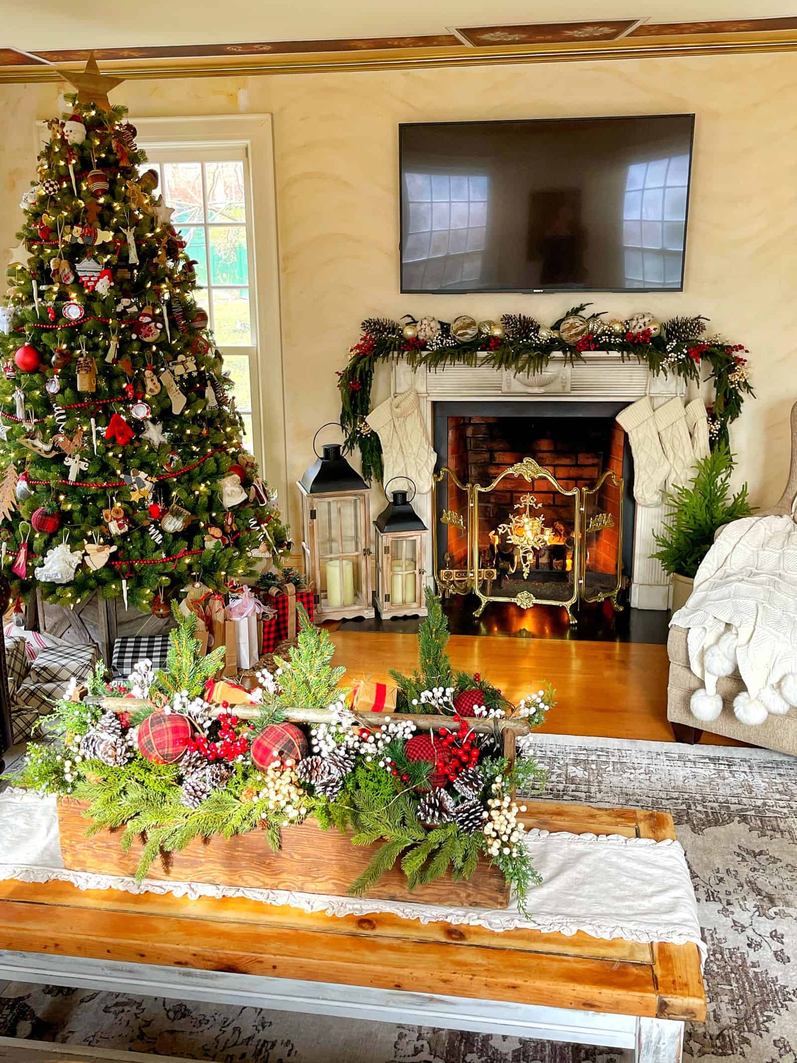 Cozy Living Room with Garlanded Fireplace and Wooden Planter Cozy Living Room with Garlanded Fireplace and Wooden Planter — Aesthetic Christmas Decor