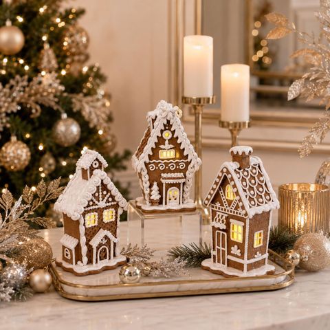 Elegant Illuminated Gingerbread Houses on a Tray — Gingerbread Christmas Decor